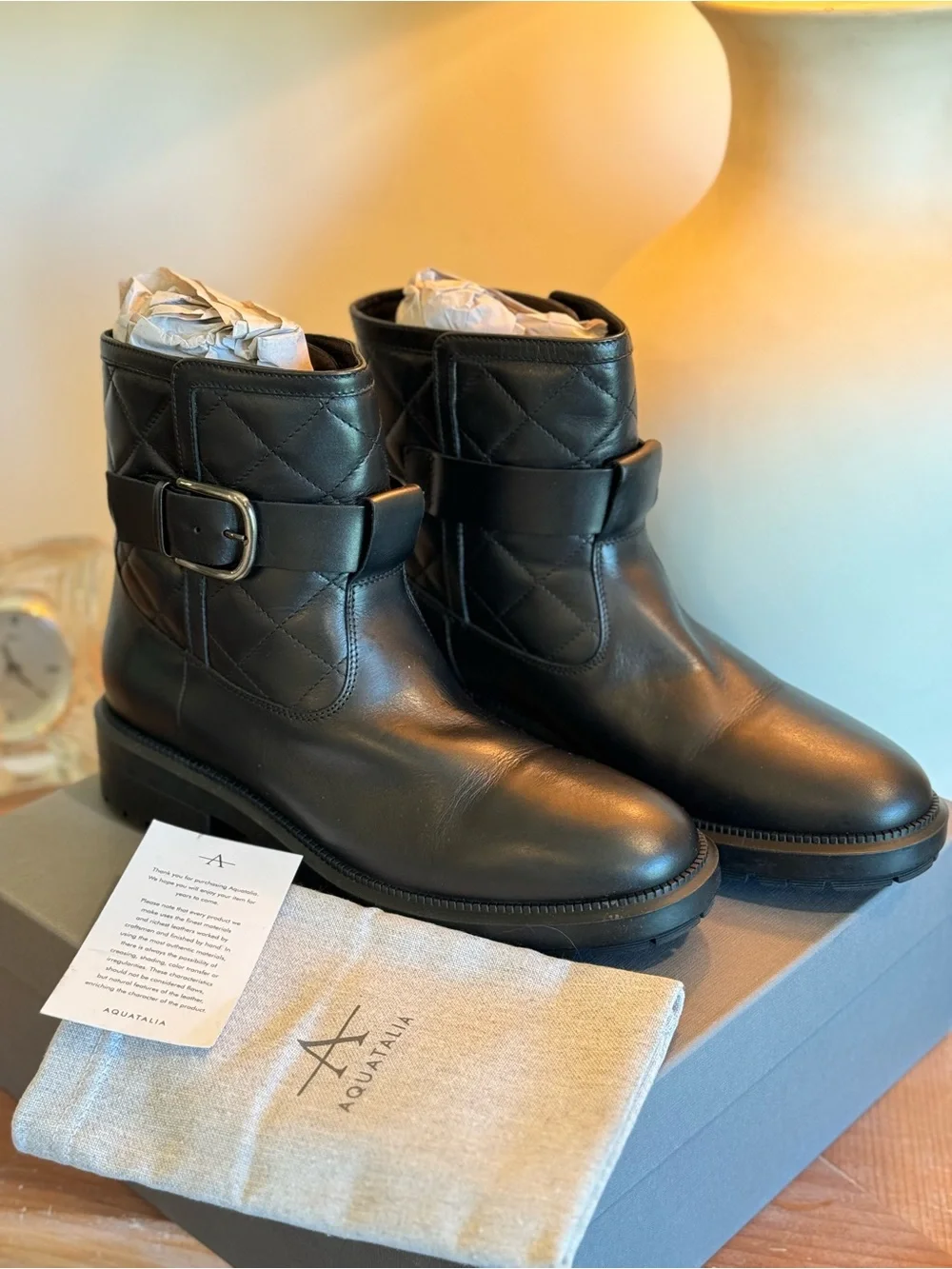 Aquatalia Black Quilted Leather Buckle Ankle Boots - Women